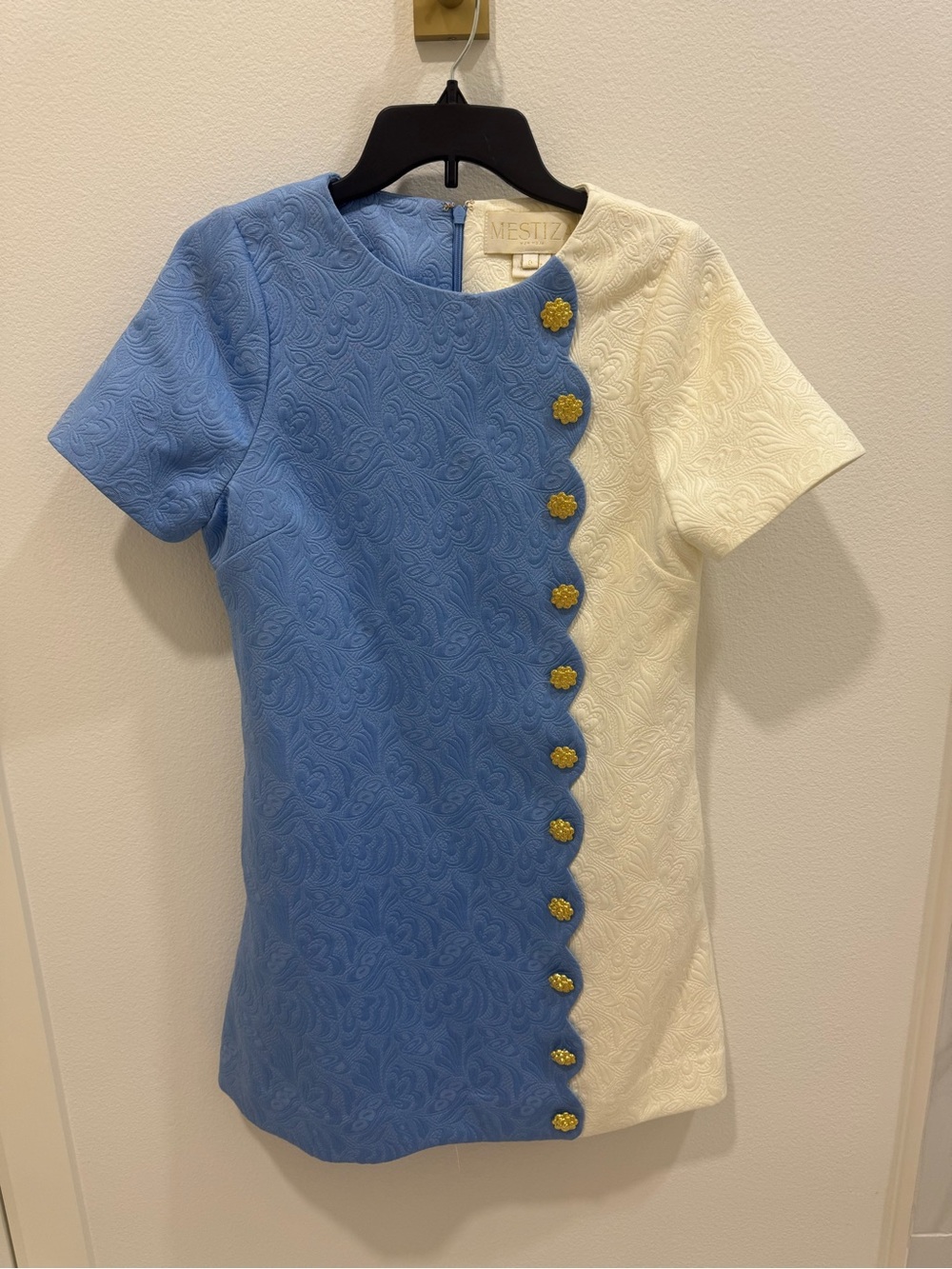 Mestiza Two-Tone Blue and Cream Textured Shift Dress